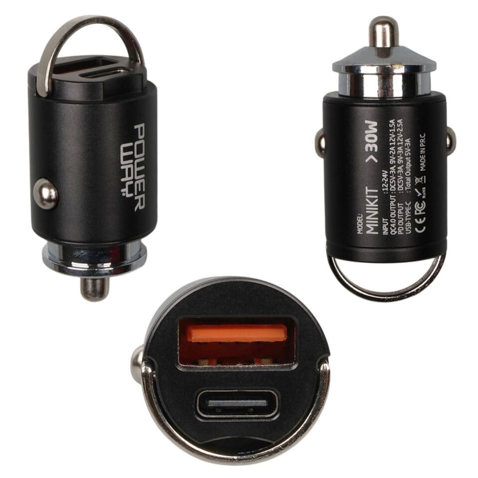 Powerway Minikit 30W Super PD & QC 4.0 Çift Çıkışlı Hızlı Ultra Kompakt Metal Araç Şarj Cihazı