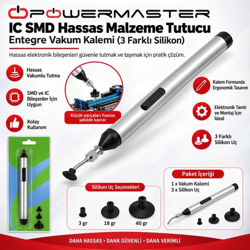 Powermaster PM-24806 IC Smd Hassas Malzeme Tutucu Taşıyıcı Entegre Vakum Kalemi (3 Farklı Silikon)