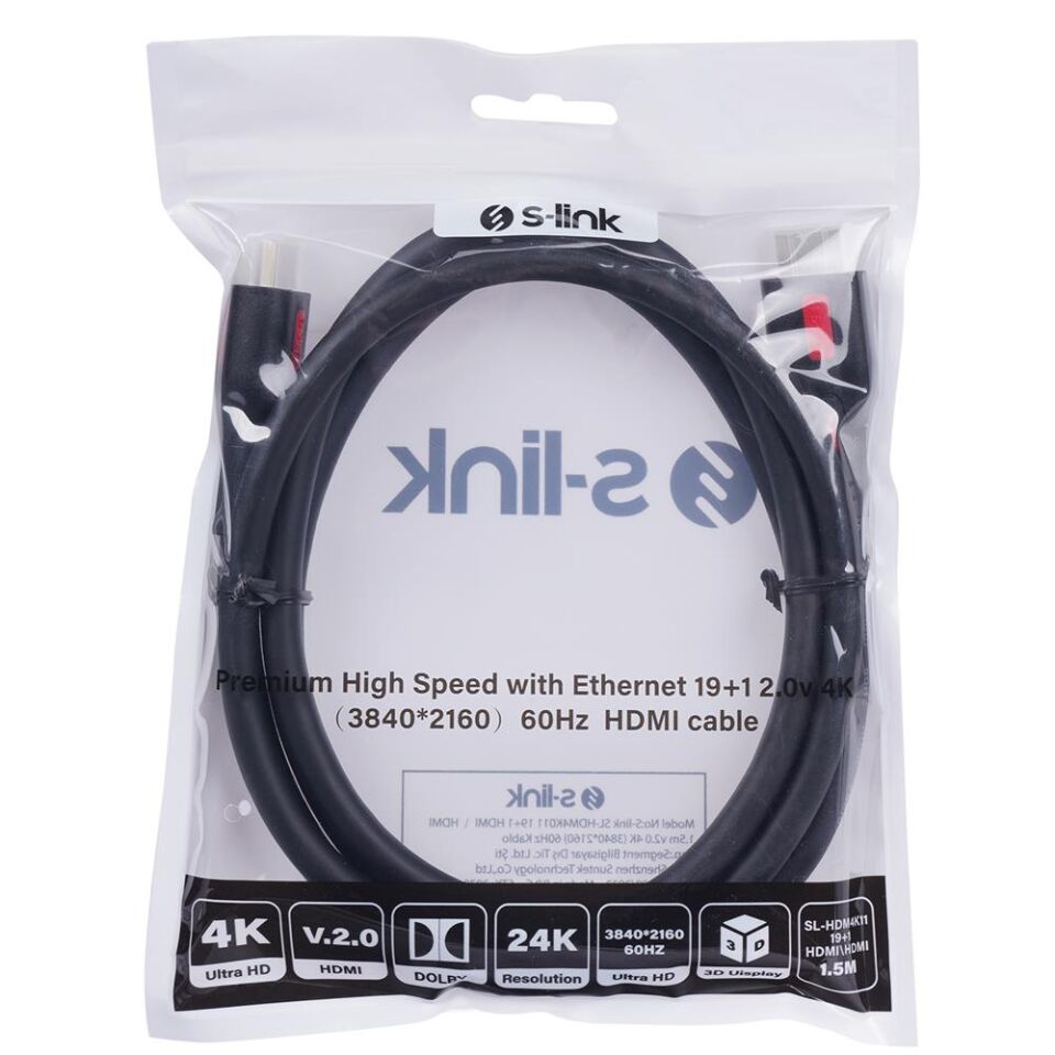 S-Link SL-HDM4K011 19+1 1.5 Metre V2.0 4K 60hz Hdmi Kablo Uydu Cihazı Tv Arası Görüntü Kablosu