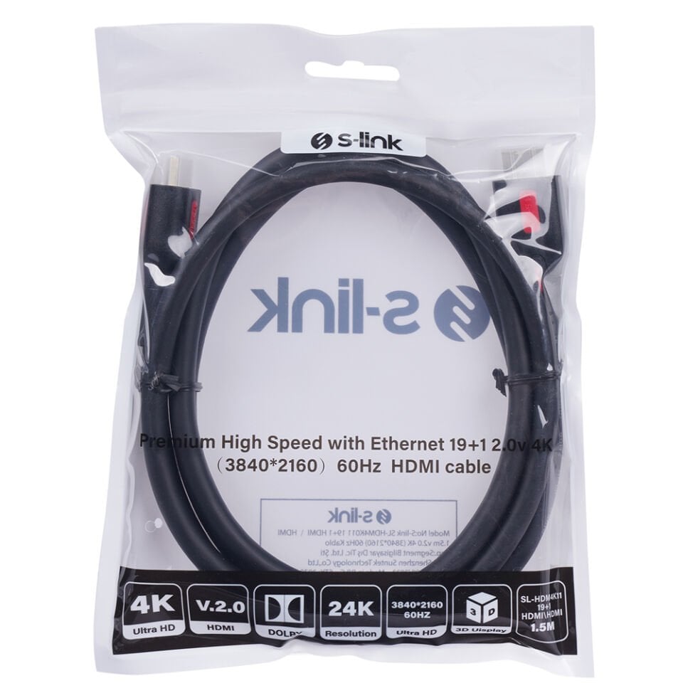 S-Link SL-HDM4K011 19+1 1.5 Metre V2.0 4K 60hz Hdmi Kablo Uydu Cihazı Tv Arası Görüntü Kablosu