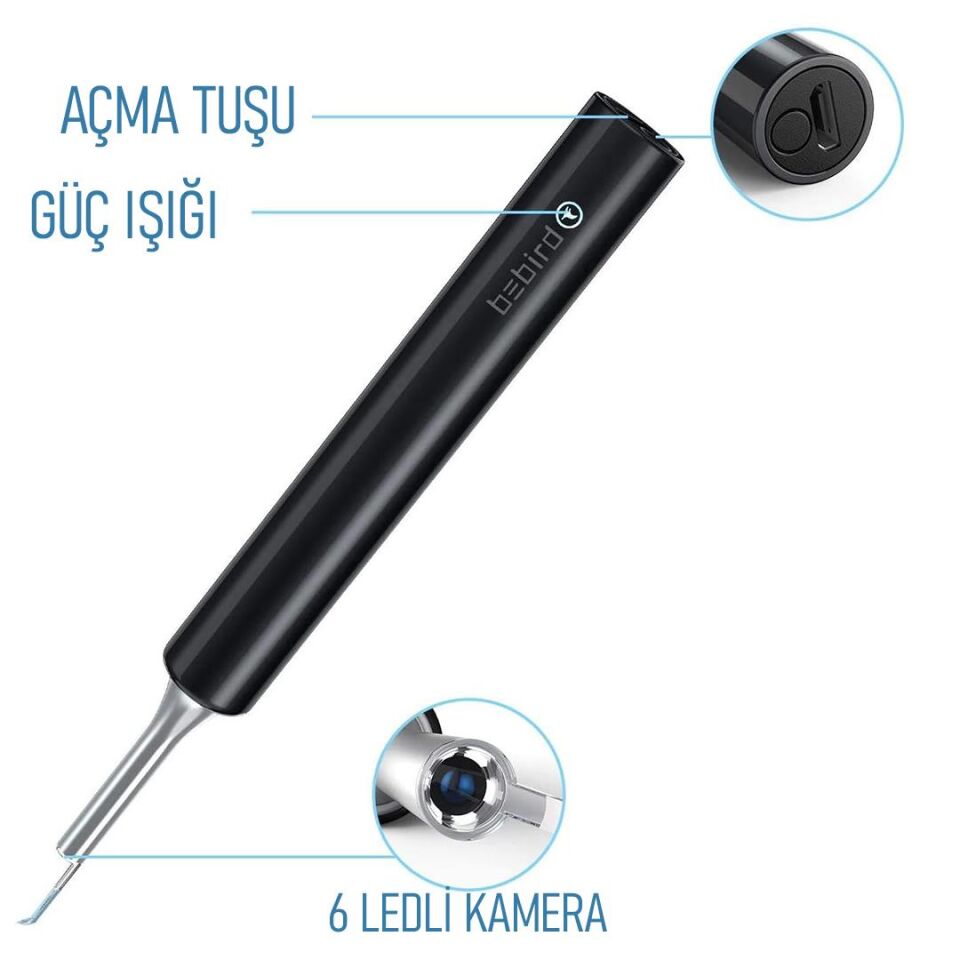 Ayt T5 5 MP Kamera 3.5mm Lens Şarjlı Wifi Görüntülü Kulak Temizleyici Siyah Renk Endoskopik Kulak Temizleyici