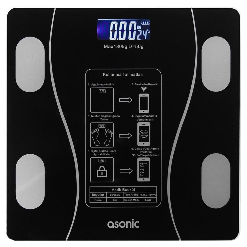 Asonic BS260 Siyah 260X260 Mm Dijital Bluetooth Baskül Ev Tipi Banyo Tartısı
