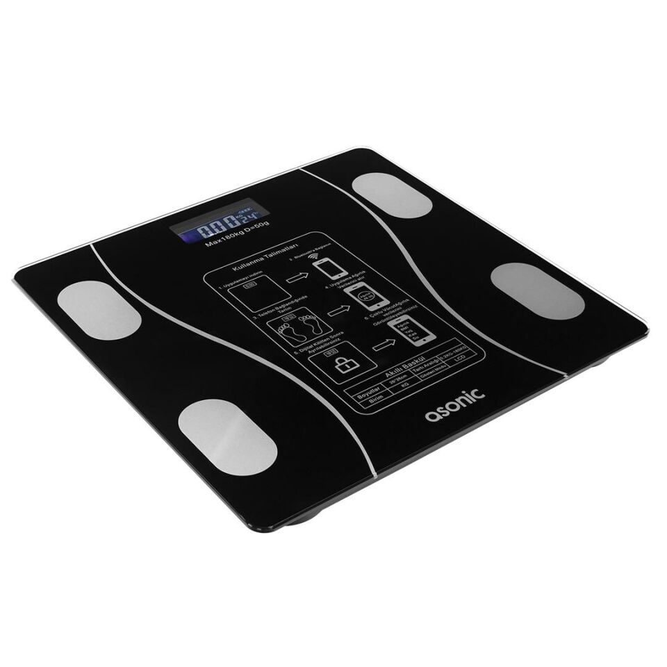 Asonic BS260 Siyah 260X260 Mm Dijital Bluetooth Baskül Ev Tipi Banyo Tartısı