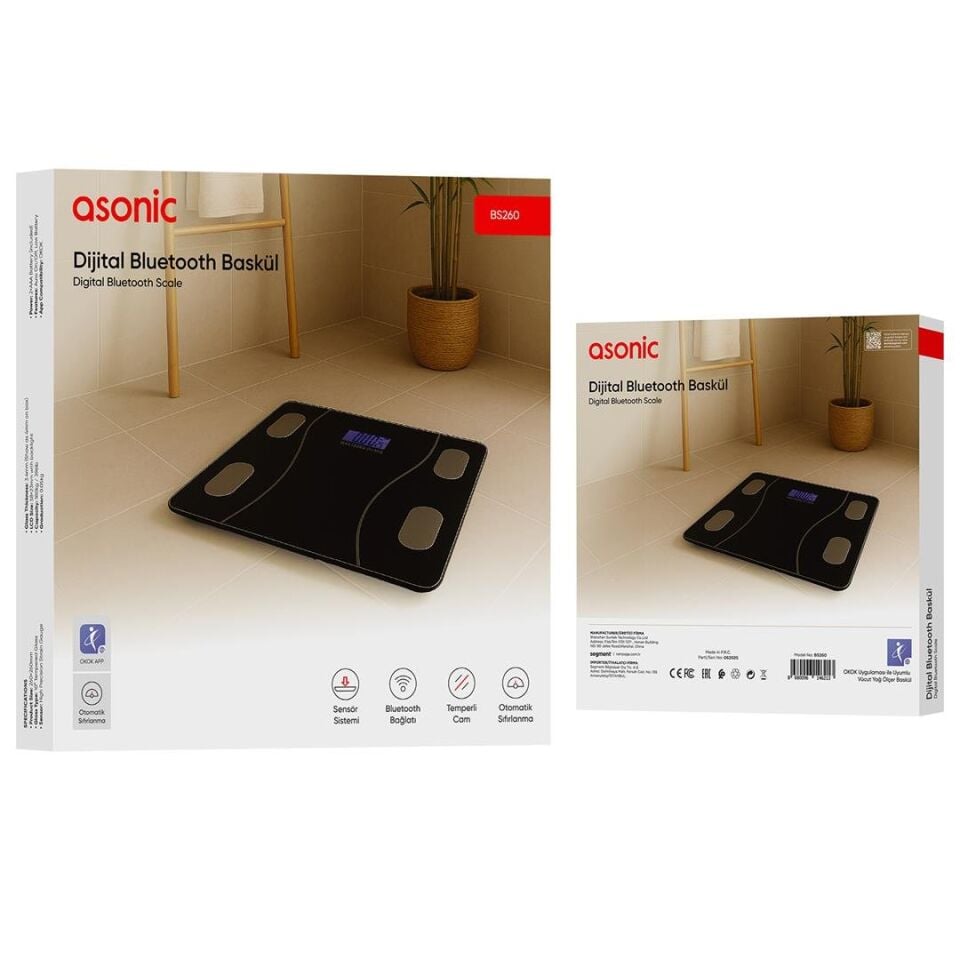 Asonic BS260 Siyah 260X260 Mm Dijital Bluetooth Baskül Ev Tipi Banyo Tartısı