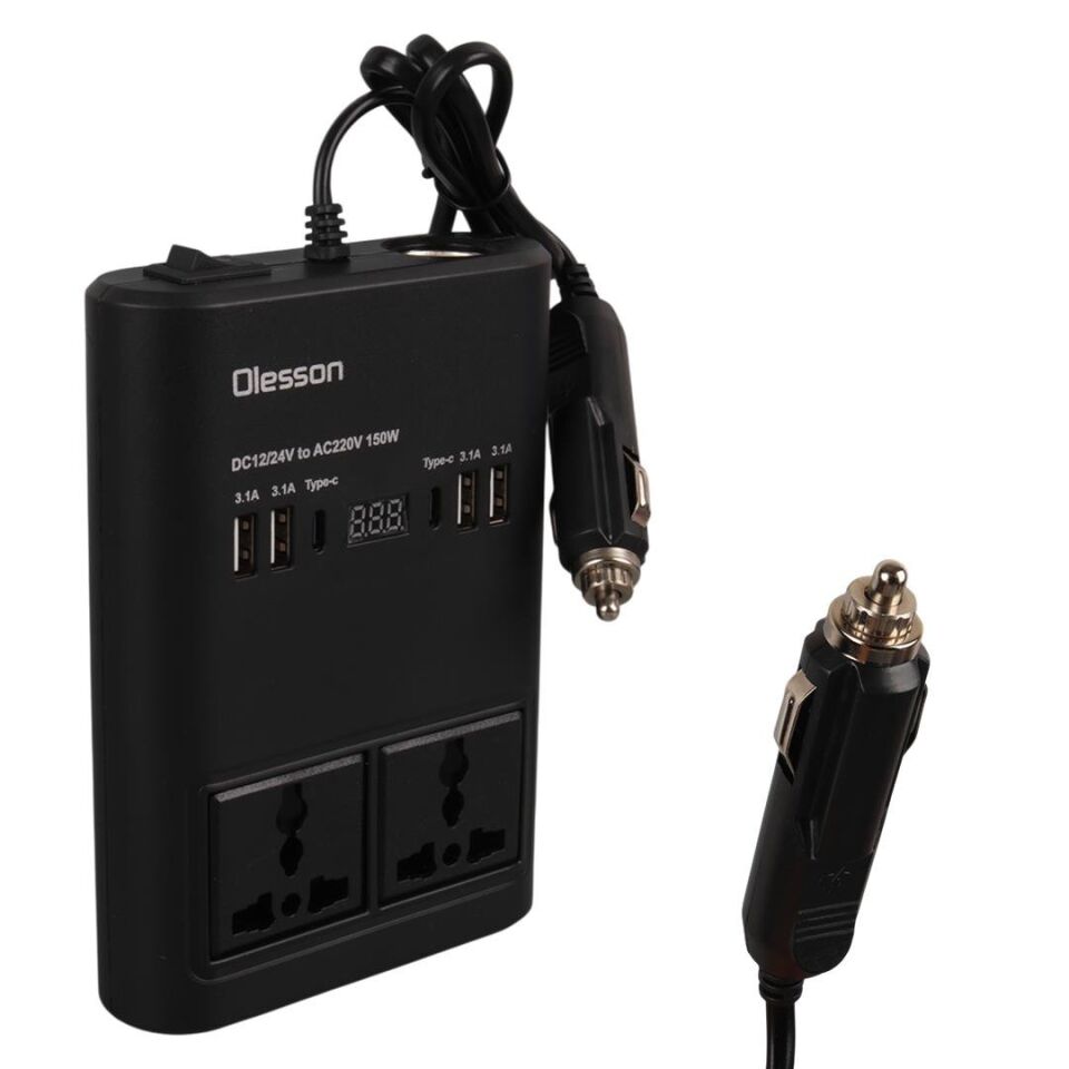 Ayt Olesson 1662 DC 12-24V 150W Oto Araç Power İnverter Ek Çakmak Girişi 2x Type-c 4x USB 2x 220V Üniversal Priz