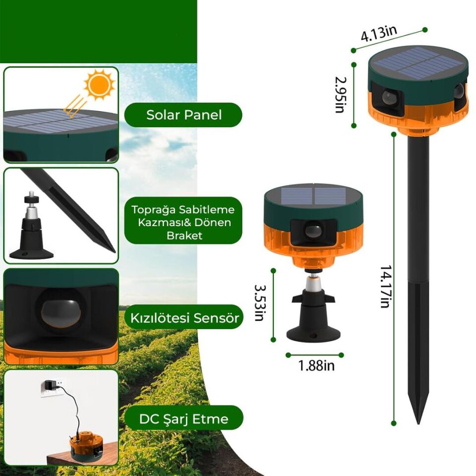 Ayt Powermaster PM-26947 Mikrofonlu Sesli Hayvan Kovucu Alarm Cihazı Solar Güneş Enerjili Panelli Vahşi Hayvan Kovacağı