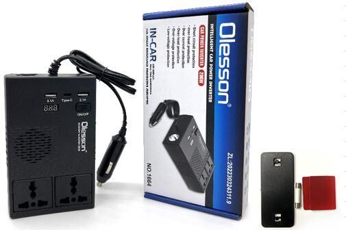 Ayt Olesson 1664 DC 12-24V 200W Oto Araç Power İnverter 1x Çakmak Girişi 1x Type-c 2x Usb 2x 220V Üniversal Priz