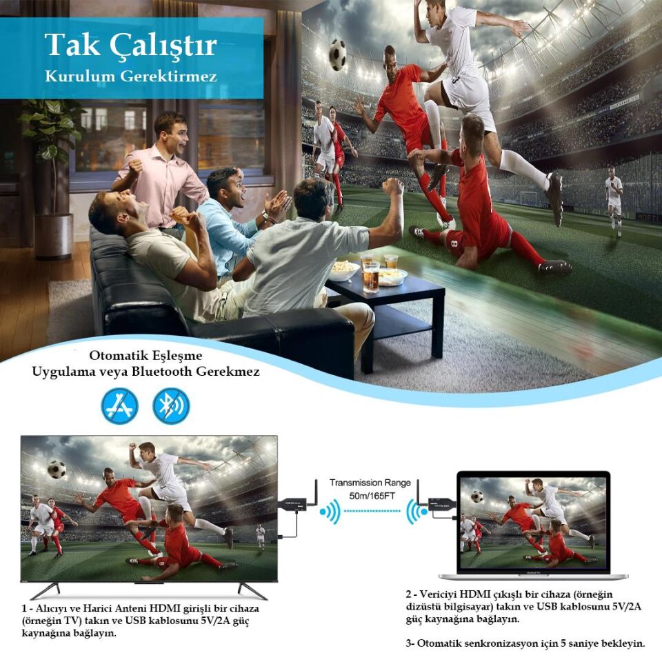 Powermaster PM-19864 5.8G Kablosuz HDMI Görüntü Aktarıcı 50 Metre Wireless Uzatıcı
