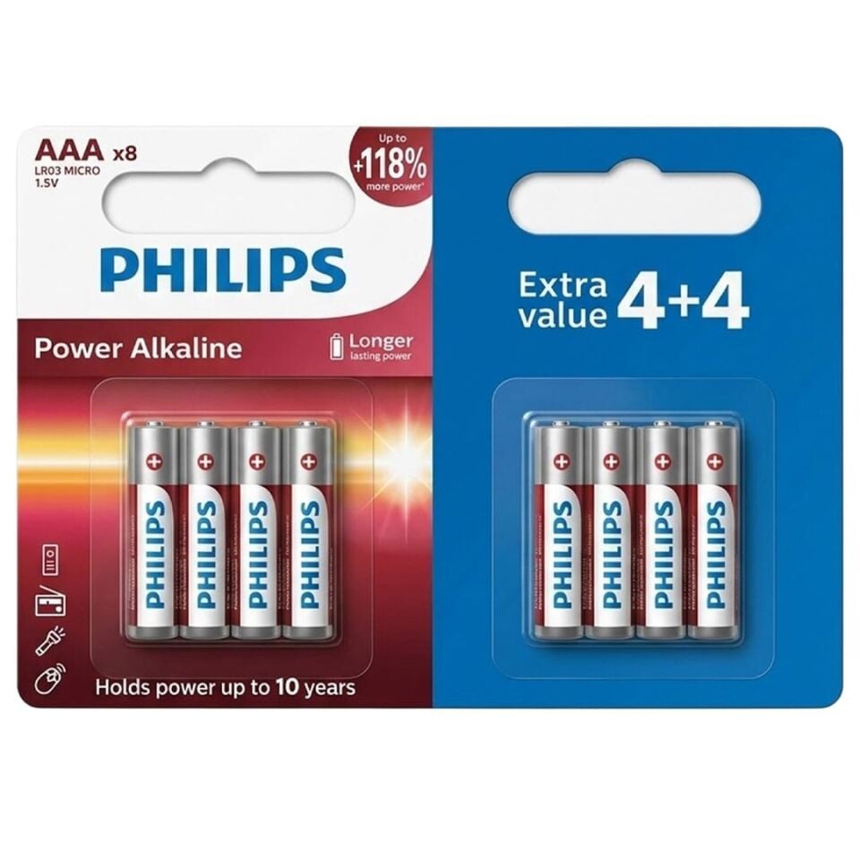 Philips Power Alkaline LR03P8BP/10 1.5V AAA İnce Kalem Pil (4+4) 8'Li Paket