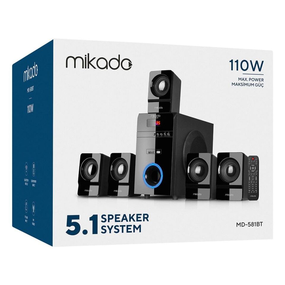 Mikado MD-581BT 110W USB SD FM Radyo Bluetooth Destekli 5+1 Ses Sistemi Sinema Sistemi Hoparlör