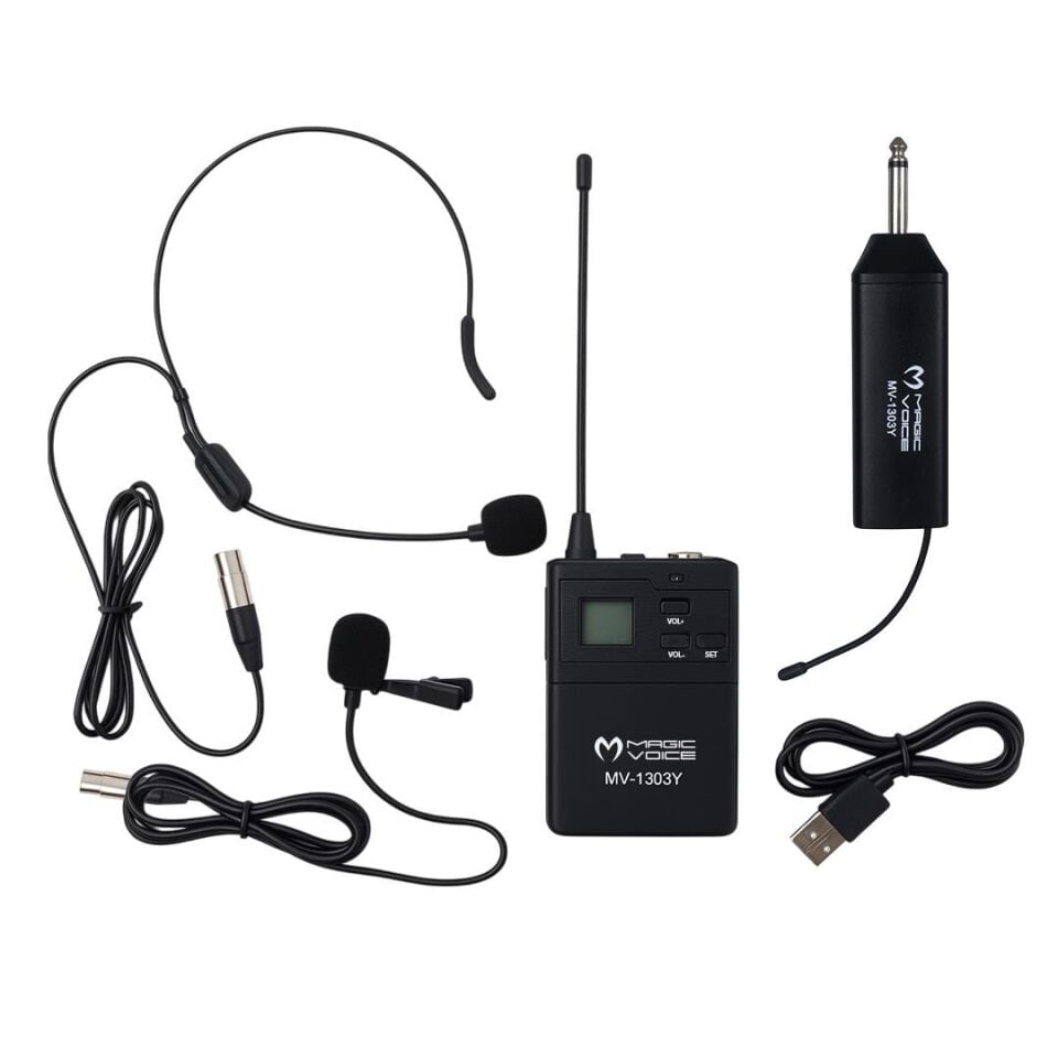 Ayt Magicvoice MV-1303Y Kablosuz 1 Yaka 1 Headset Telsiz Mikrofon Kablosuz Yaka Ve Kafa Mikrofonu