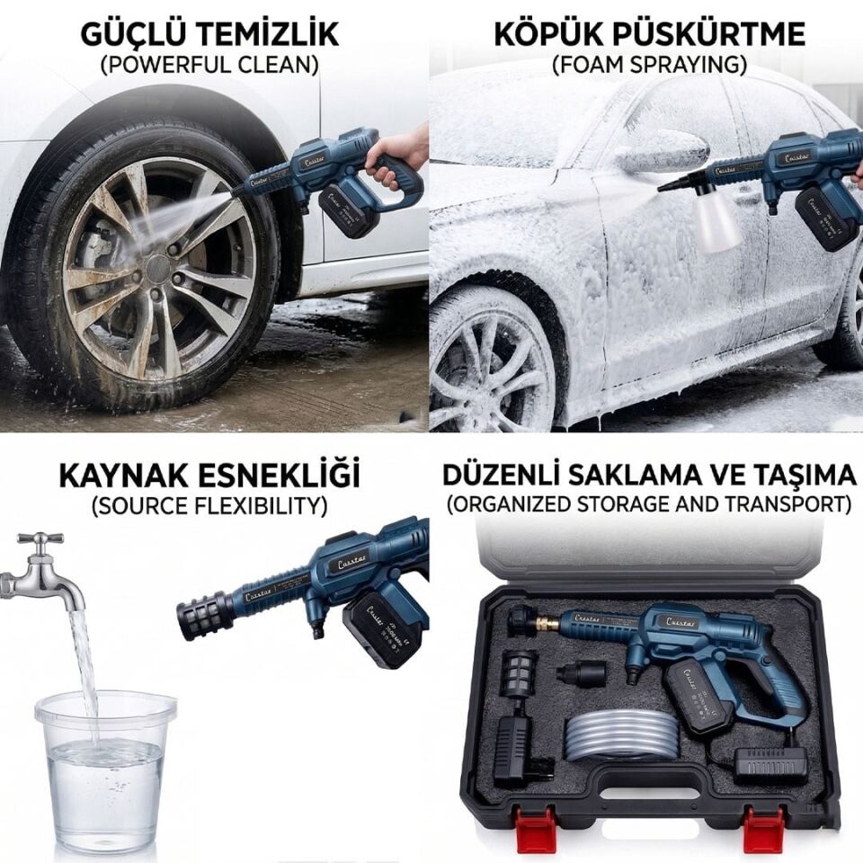 Carstar CR-25709 Yüksek Basınçlı Oto Yıkama Makinesi Şarjlı Araç Yıkama