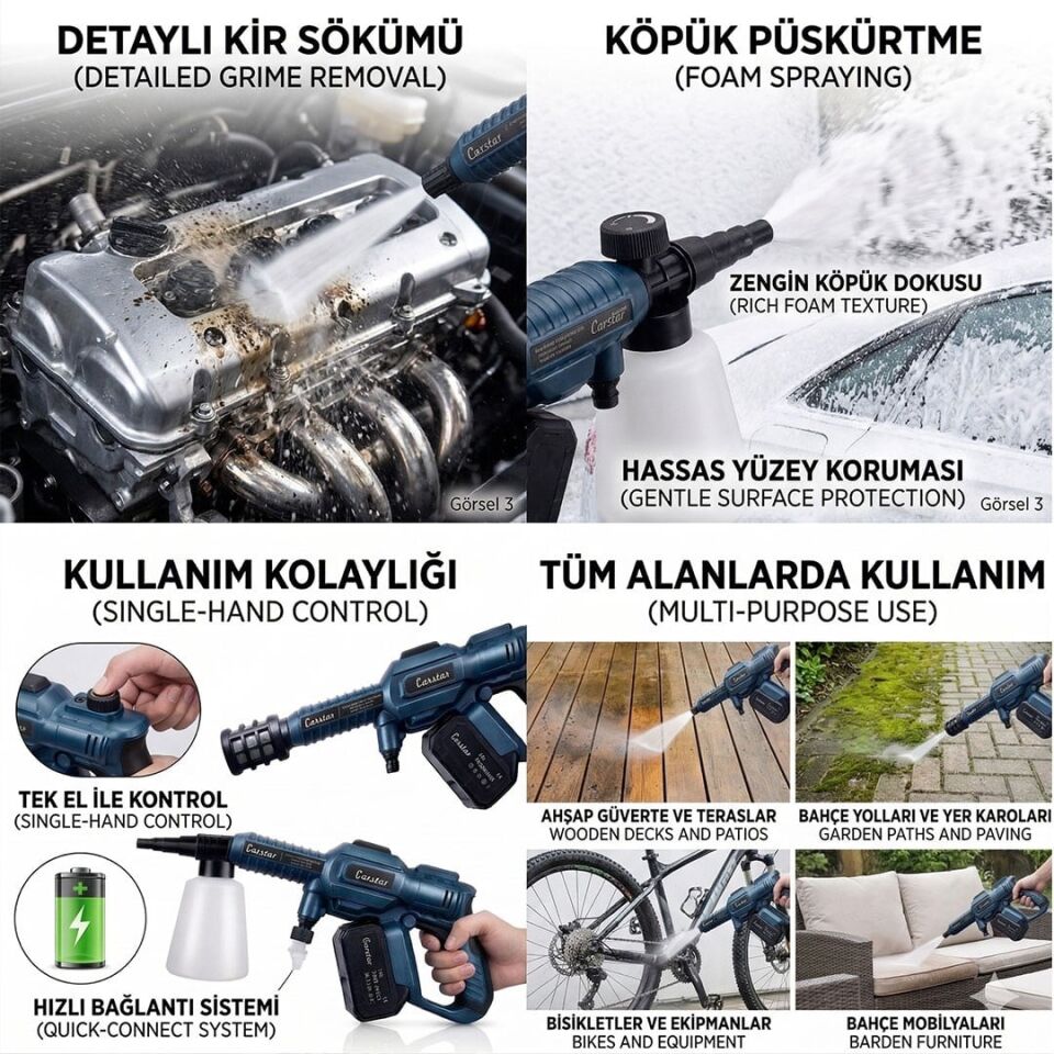 Carstar CR-25709 Yüksek Basınçlı Oto Yıkama Makinesi Şarjlı Araç Yıkama