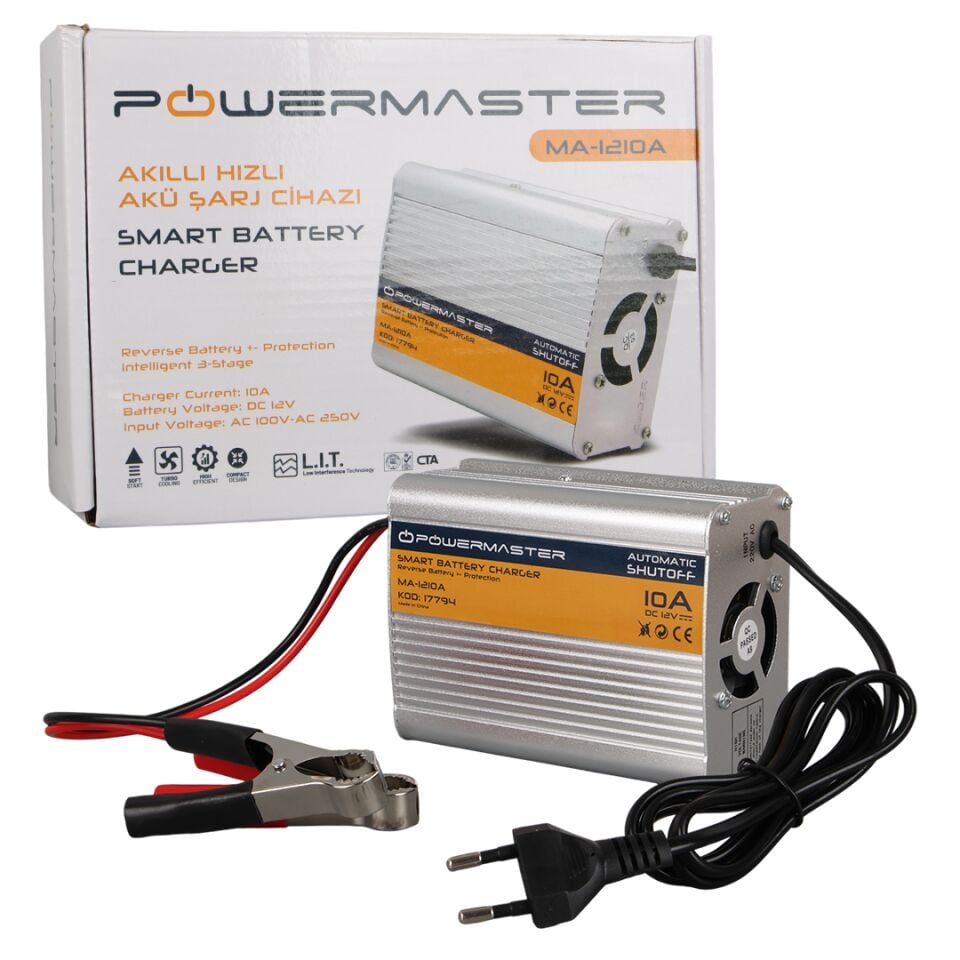 Powermaster MA-1210A 12 Volt - 10 Amper Akıllı Hızlı Akü Şarj Cihazı Analog Amper Göstergeli