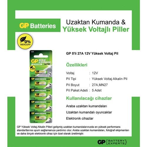 GP 27A 12V İnce Alarm Pili 5'li Paket