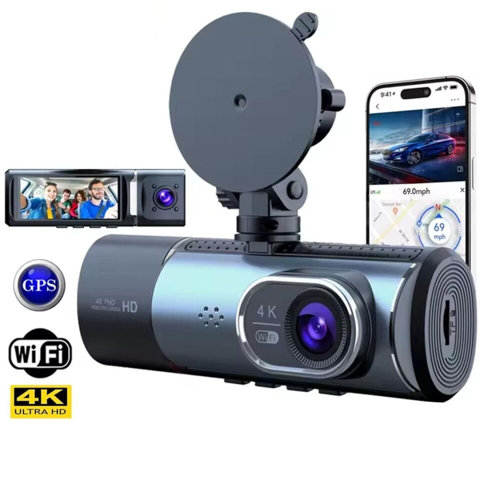 Powermaster PM-27086 3.16 İnç Tfr Ekran GPS'li 3 Kameralı 4K Görüntülü Oto Araç Kamerası Yol Kayıt Kamerası