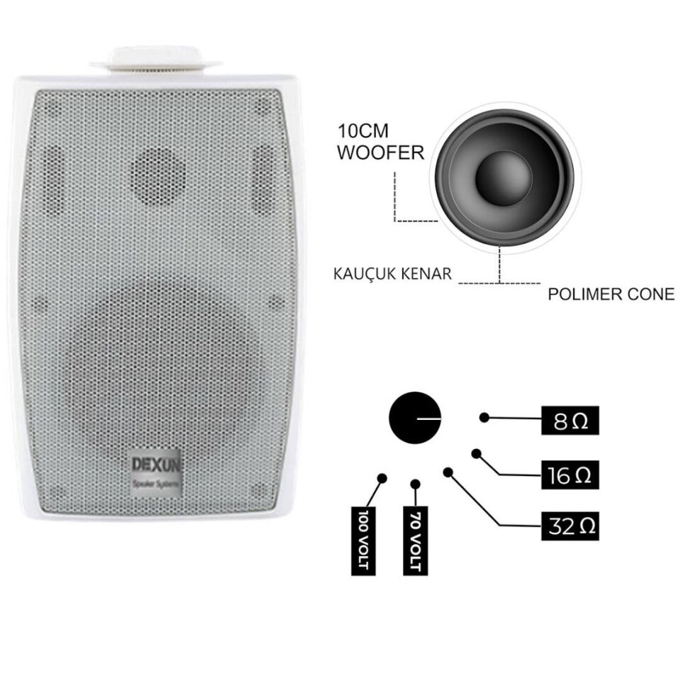 Dexun D-4 Beyaz 10 Cm 150 Watt 100v 4 İnç Trafolu Komutatörlü Sütun Hoparlör Okul Konferasn Salonu Cami Hoparlörü