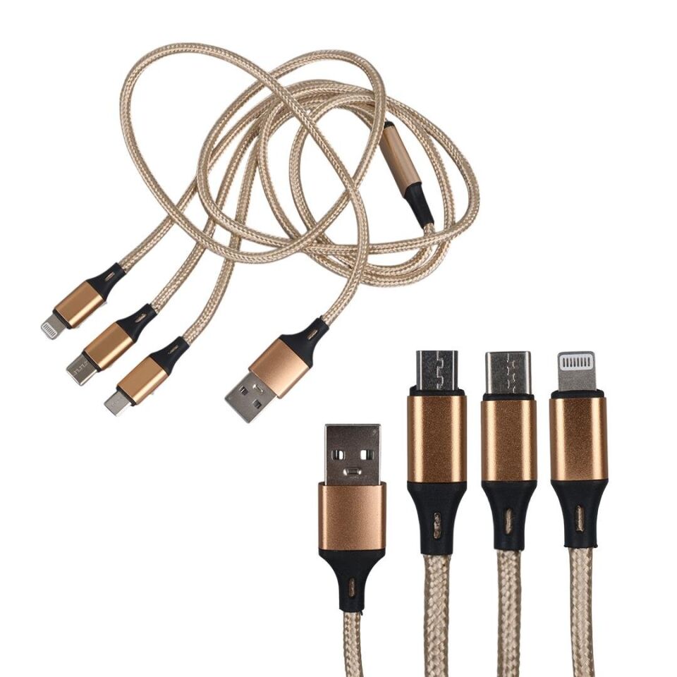 Ayt Powermaster Micro USB Type-C Lightning Şarj Ve Data Kablosu 2.1 Amper 110Cm Örgülü Çoklu Şarj Kablosu