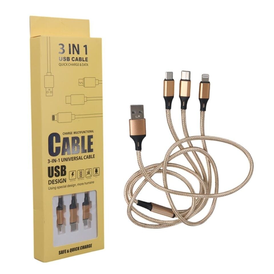 Ayt Powermaster Micro USB Type-C Lightning Şarj Ve Data Kablosu 2.1 Amper 110Cm Örgülü Çoklu Şarj Kablosu