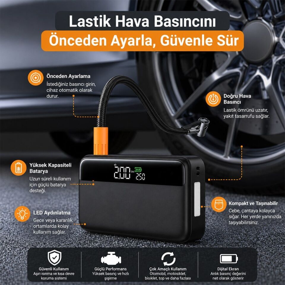 Powermaster N33 Lastik Hava Kompresörlü Akü Takviye Cihazı 65W Fast Powerbank