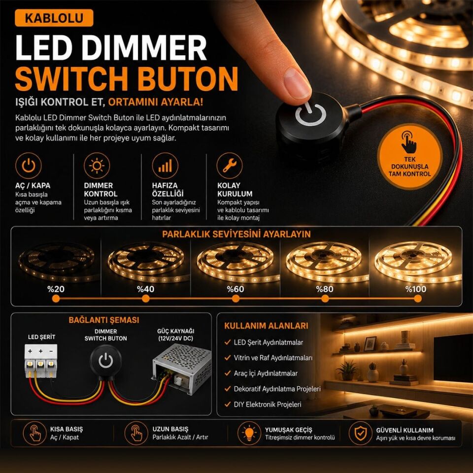 Powermaster PM-30779 5V DC 16Mm Gömme Dokunmatik LED Dimmer Kontrolcüsü Switch Buton Siyah