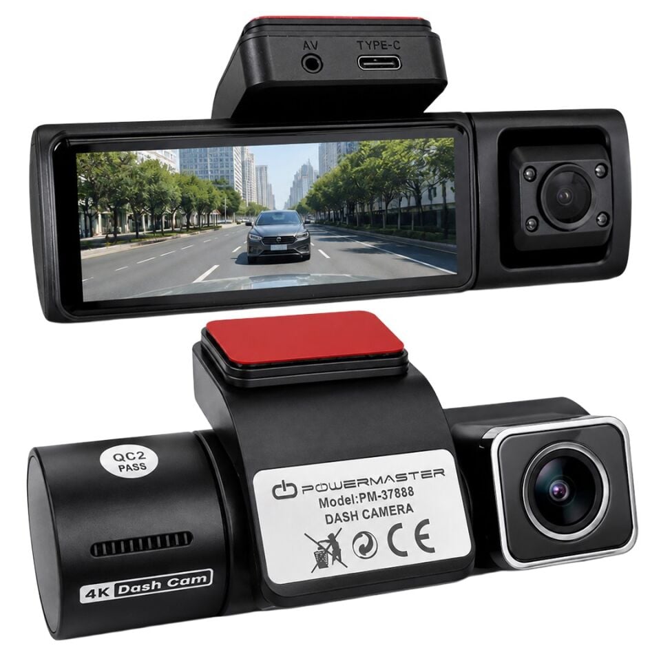 Powermaster PM-37888 4K Mini Dash Çift Lensli Araç Yol Kabin İçi Kayıt Kamerası
