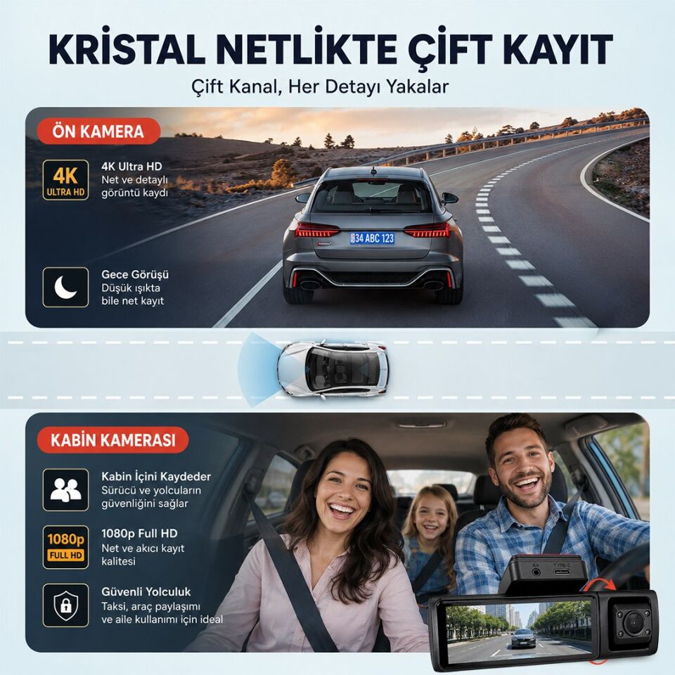 Powermaster PM-37888 4K Mini Dash Çift Lensli Araç Yol Kabin İçi Kayıt Kamerası