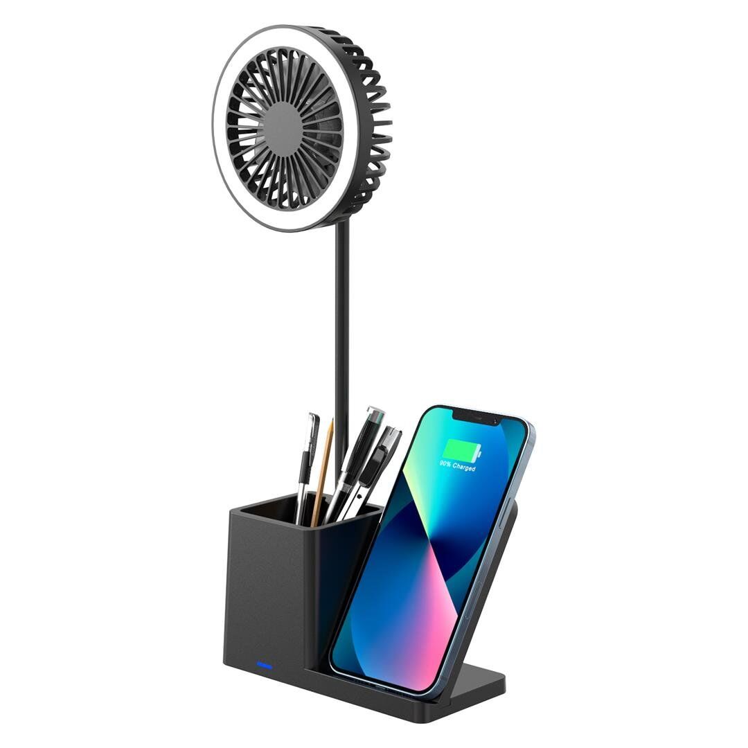 S-Link  SL-M9055 Siyah Type-c  10W Kablosuz Şarj Cihazı Fanlı Kalemlik Masa Lambası Hediyelik Usb Masa Fanı