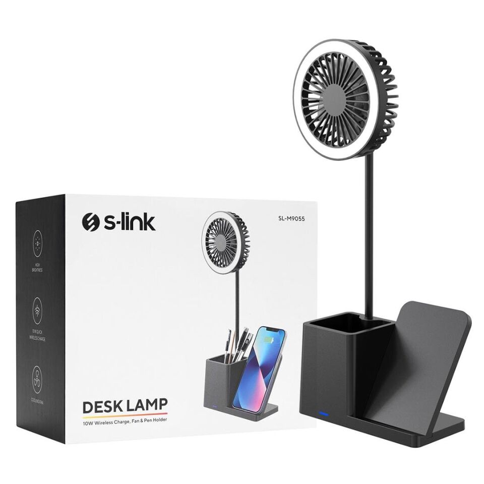 S-Link  SL-M9055 Siyah Type-c  10W Kablosuz Şarj Cihazı Fanlı Kalemlik Masa Lambası Hediyelik Usb Masa Fanı
