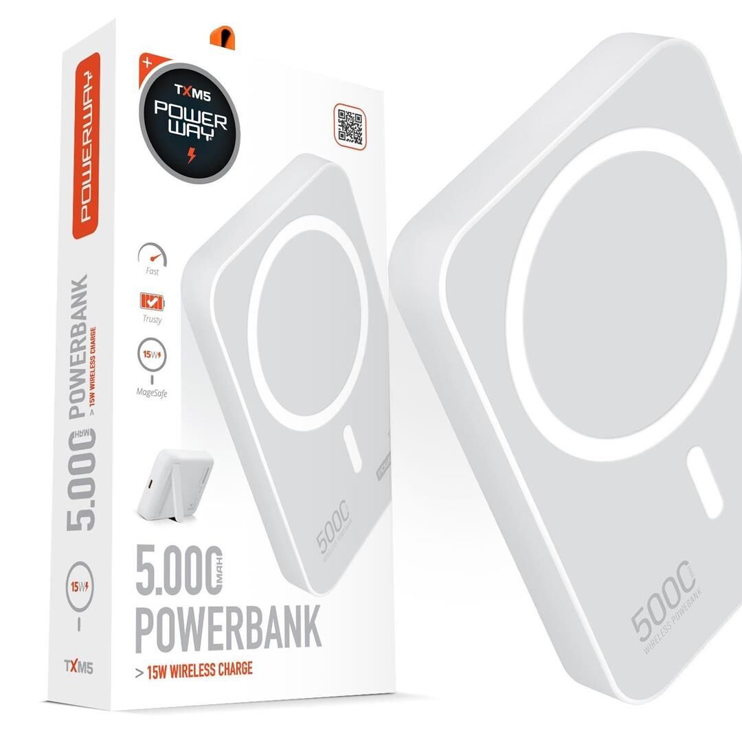 Powerway 5.000Mah PD15W Magsafe Kablosuz Wireless Taşınabilir Şarj Cihazı Beyaz Powerbank TXM5