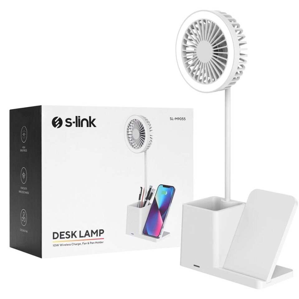 S-Link  SL-M9055 Beyaz Type-c  10W Kablosuz Şarj Cihazı Fanlı Kalemlik Masa Lambası Hediyelik Usb Masa Fanı