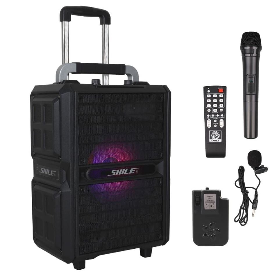 Shile SL-2017 50 Watt Taşınabilir Seyyar Aktif Amfi Hoparlör Kablosuz EL + Yaka Mikrofonlu USB+SD+BT Kumandalı