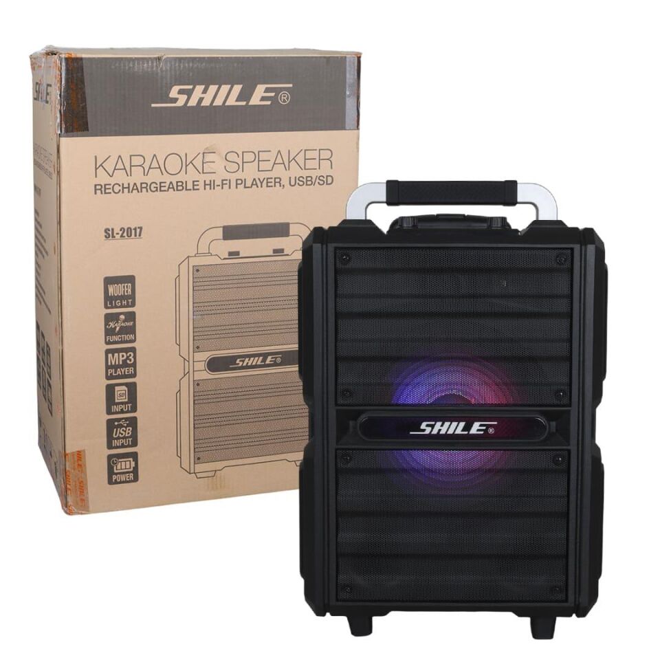Shile SL-2017 50 Watt Taşınabilir Seyyar Aktif Amfi Hoparlör Kablosuz EL + Yaka Mikrofonlu USB+SD+BT Kumandalı
