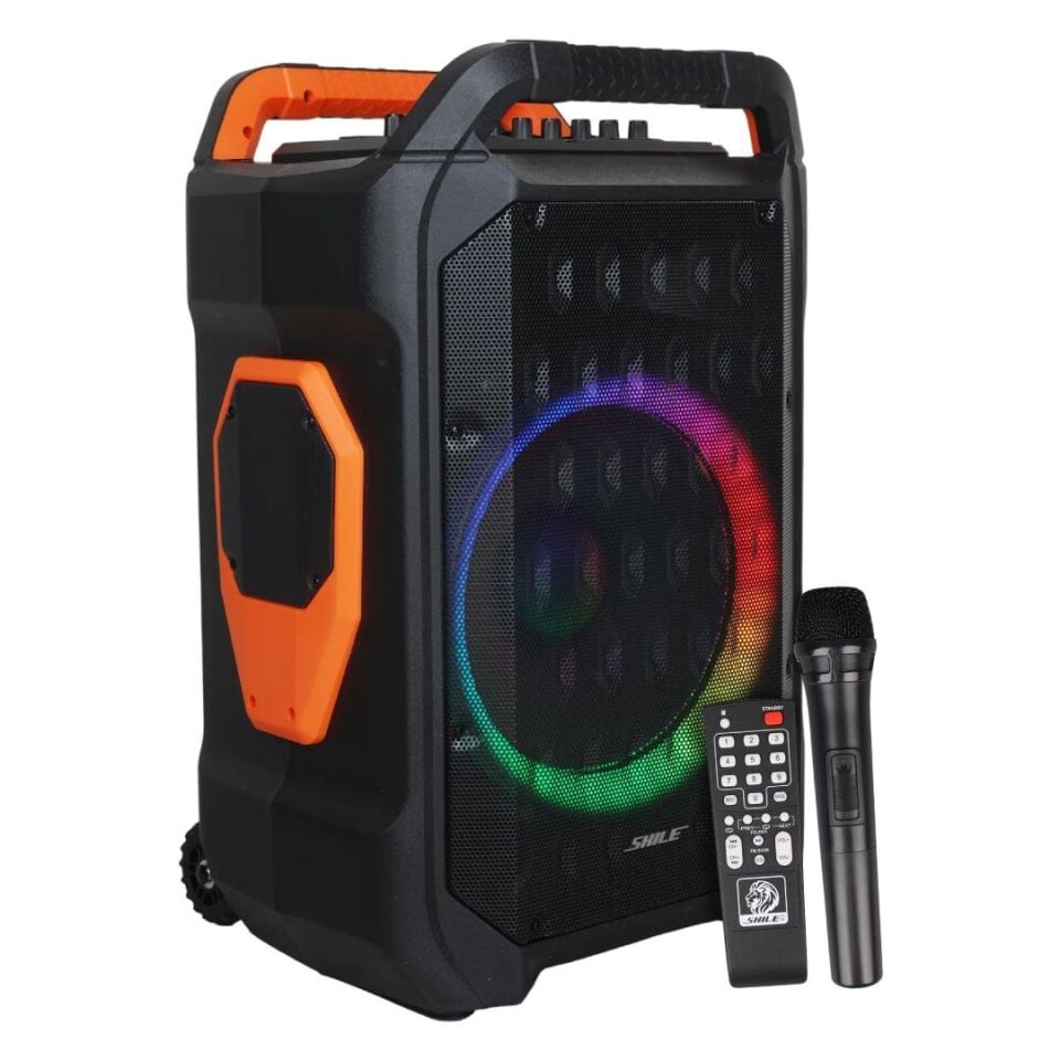 Shile SL-10 120 Watt Taşınabilir Seyyar Amfi Hoparlör Kablosuz 1 EL + 1 Yaka Mikrofonlu Kumandalı USB+SD+BT