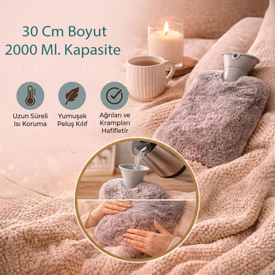 Sunup SN-29909 Peluş Kılıflı Yumuşak Dokulu 30 Cm 2000 Ml Kapasiteli Sıcak Su Torbası