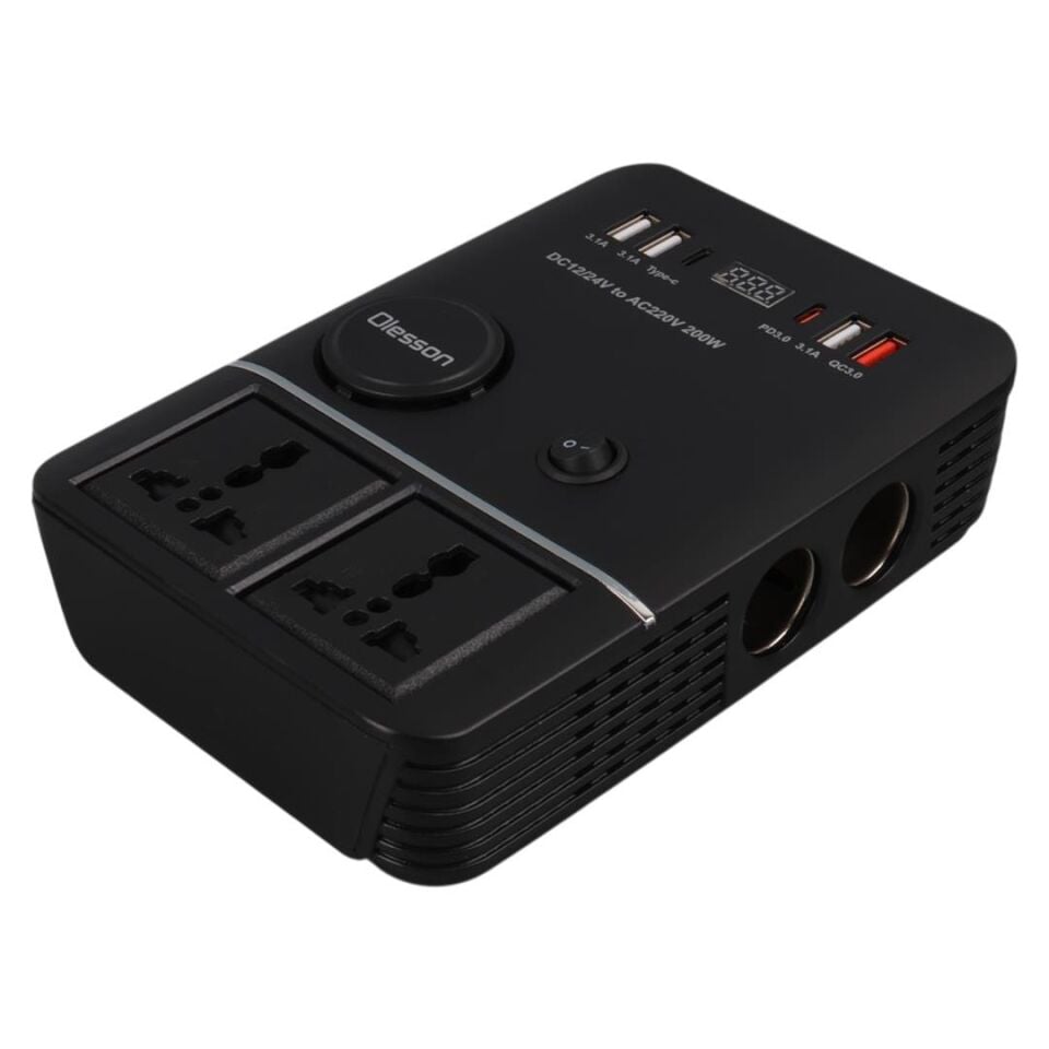 Ayt Olesson 1661 DC 12-24V 200W Oto Araç Power İnverter 2x Çakmak Girişi 2x Type-c 4x Usb 2x 220V Üniversal Priz