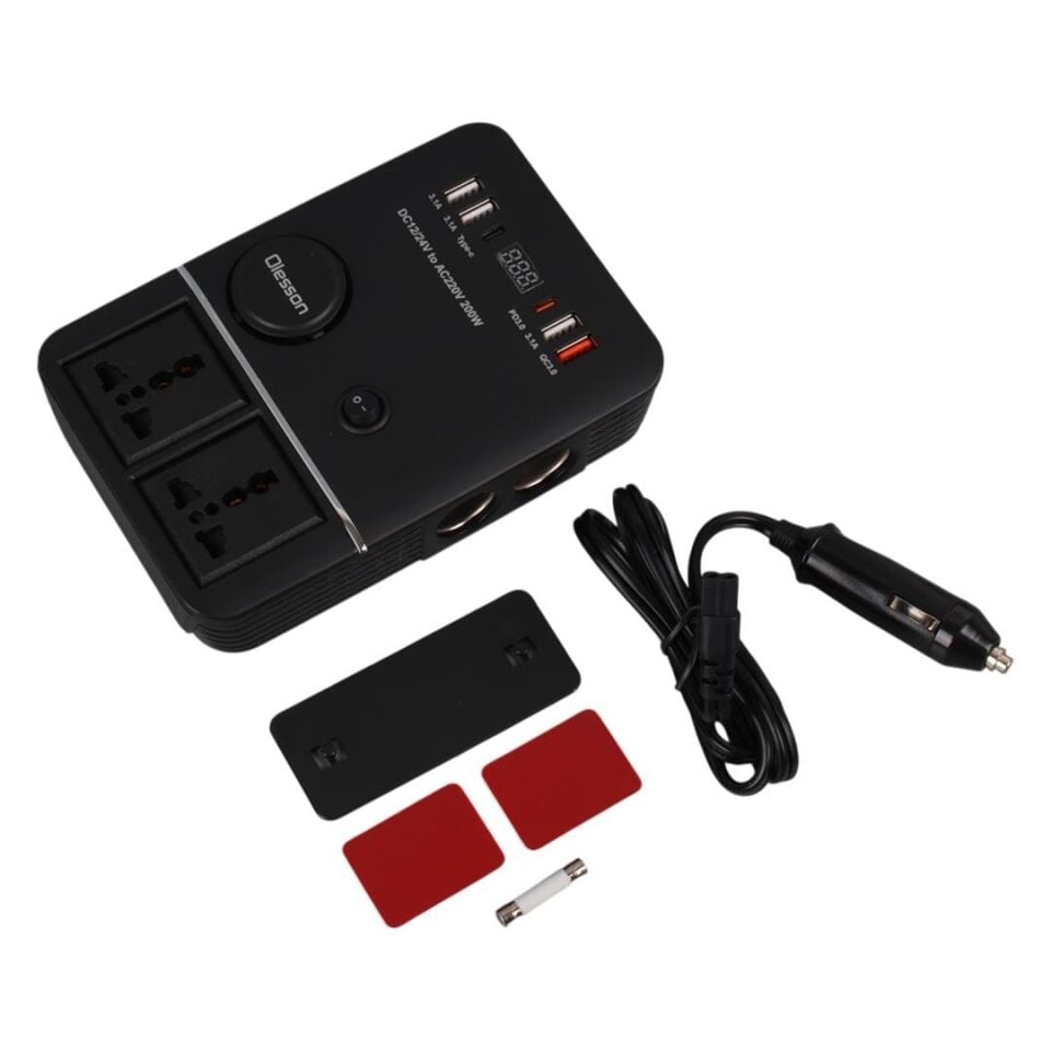 Ayt Olesson 1661 DC 12-24V 200W Oto Araç Power İnverter 2x Çakmak Girişi 2x Type-c 4x Usb 2x 220V Üniversal Priz