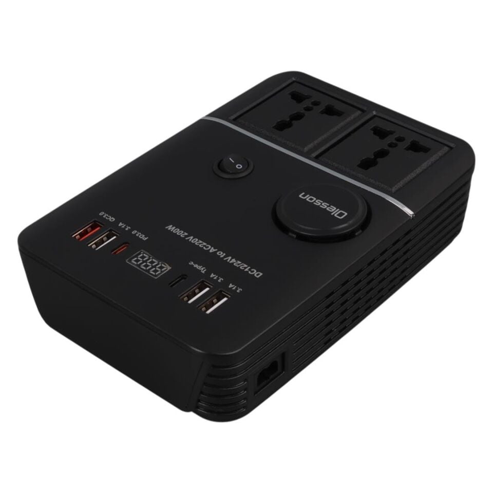 Ayt Olesson 1661 DC 12-24V 200W Oto Araç Power İnverter 2x Çakmak Girişi 2x Type-c 4x Usb 2x 220V Üniversal Priz