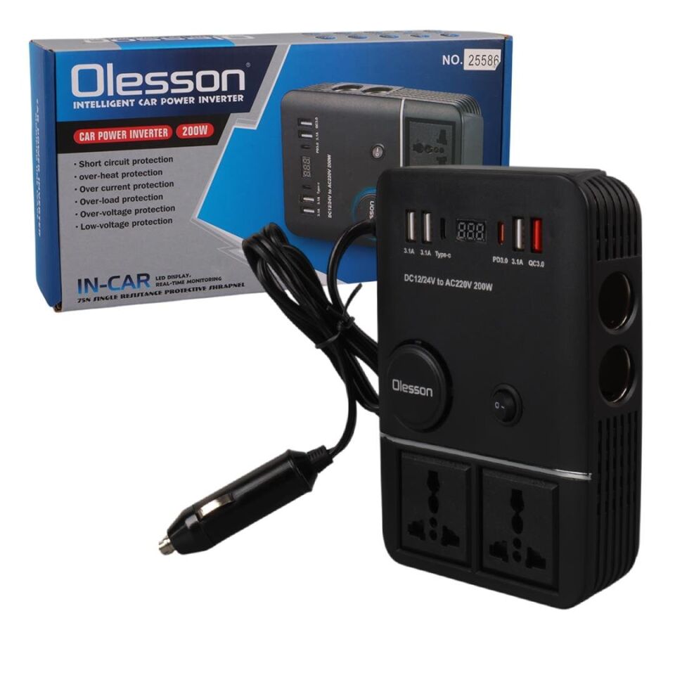 Ayt Olesson 1661 DC 12-24V 200W Oto Araç Power İnverter 2x Çakmak Girişi 2x Type-c 4x Usb 2x 220V Üniversal Priz