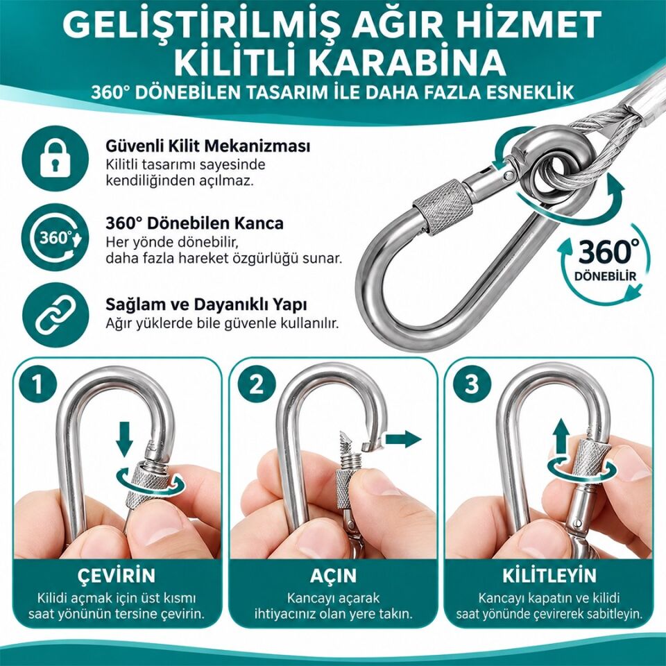 Sunup SN-38106 2 Metre Çelik Köpek Bağlama Halatı Kilitli Karabina PVC Kaplamalı