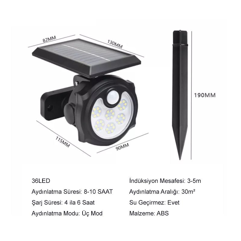 Powermaster SH-1705B 36 Ledli Sensörlü 3 Modlu Solar Güneş Enerjili İndiksiyon Duvar Lambası Bahçe Aydınlatması