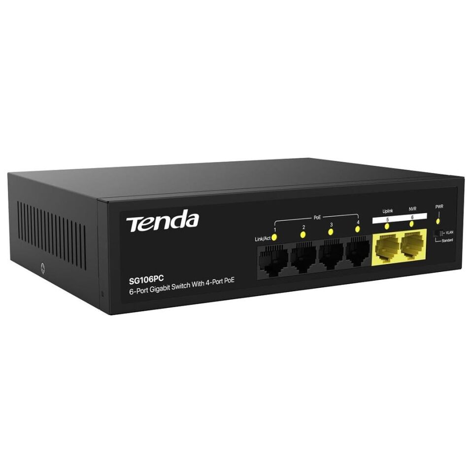 Tenda S106PC 6-Portlu 10/100 Mbps Lite Poe Uplink Switch (4 Port Poe Destekli 55W Toplam Güç)