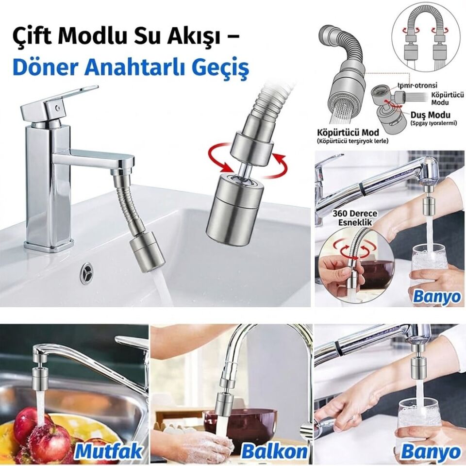 Sunup SN-29317 Çift Hız Ayarlı Gümüş Renk Musluk Başlığı Tayzik Tasarruf Aparatı