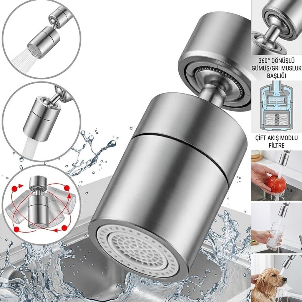 Sunup SN-29317 Çift Hız Ayarlı Gümüş Renk Musluk Başlığı Tayzik Tasarruf Aparatı