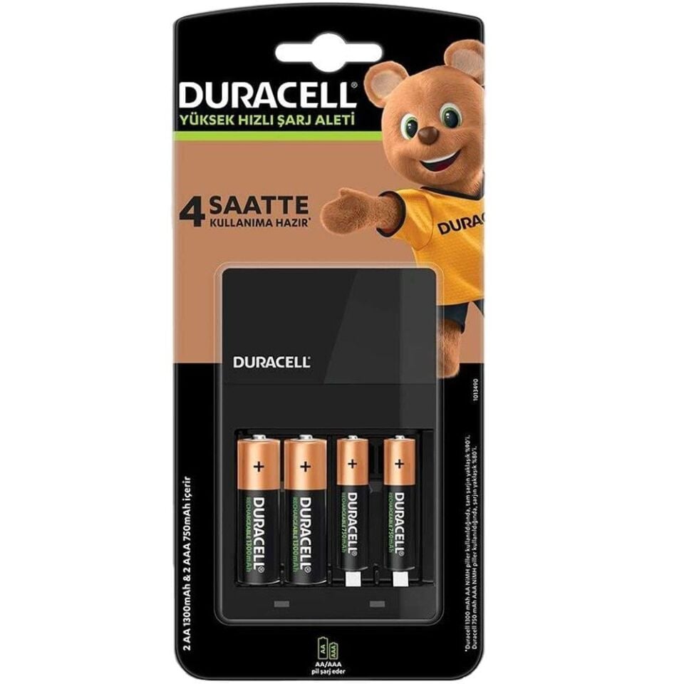 Duracell AA*2 + AAA*2 (Pilli) Hızlı Pil Şarj Aleti CEF14 (2 Adet *750 Mah AAA + 2 Adet* 1300 Mah AA Pil)