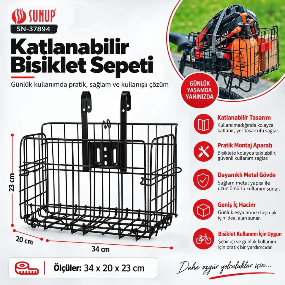 Sunup SN-37894 Katlanabilir Bisiklet Sepeti Metal Tel Gövde 34X20x23cm Pratik Taşıma Sepeti