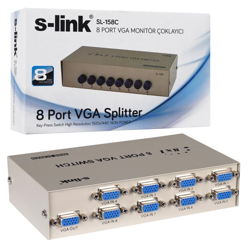 S-Link SL-158C 8X1 Port VGA Switch 8 Giriş - 1 Çıkış Çoklayıcı Çoğaltıcı