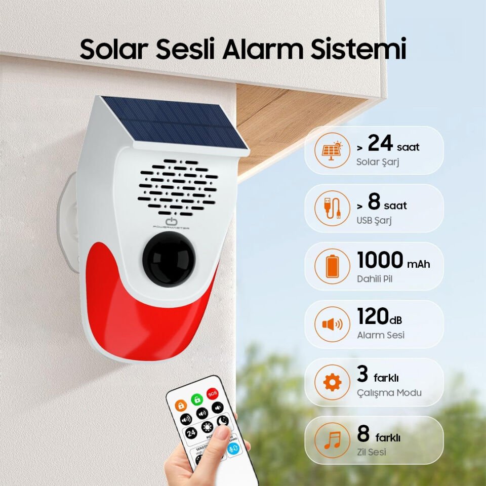 Ayt Powermaster Pm-26240 Solar Güneş Enerjili Sesli Işıklı Alarm Sistemi Kumandalı Alarm Flash Işıklı