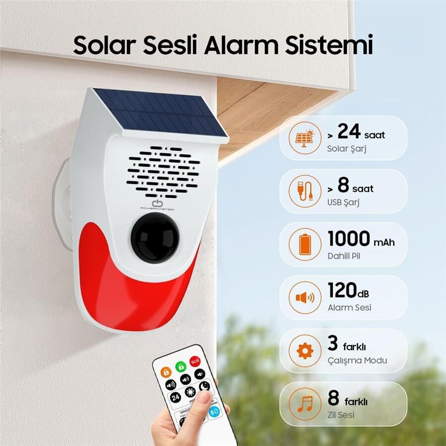 Ayt Powermaster Pm-26240 Solar Güneş Enerjili Sesli Işıklı Alarm Sistemi Kumandalı Alarm Flash Işıklı