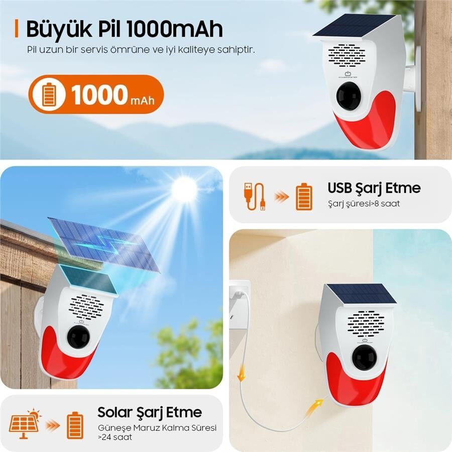 Ayt Powermaster Pm-26240 Solar Güneş Enerjili Sesli Işıklı Alarm Sistemi Kumandalı Alarm Flash Işıklı